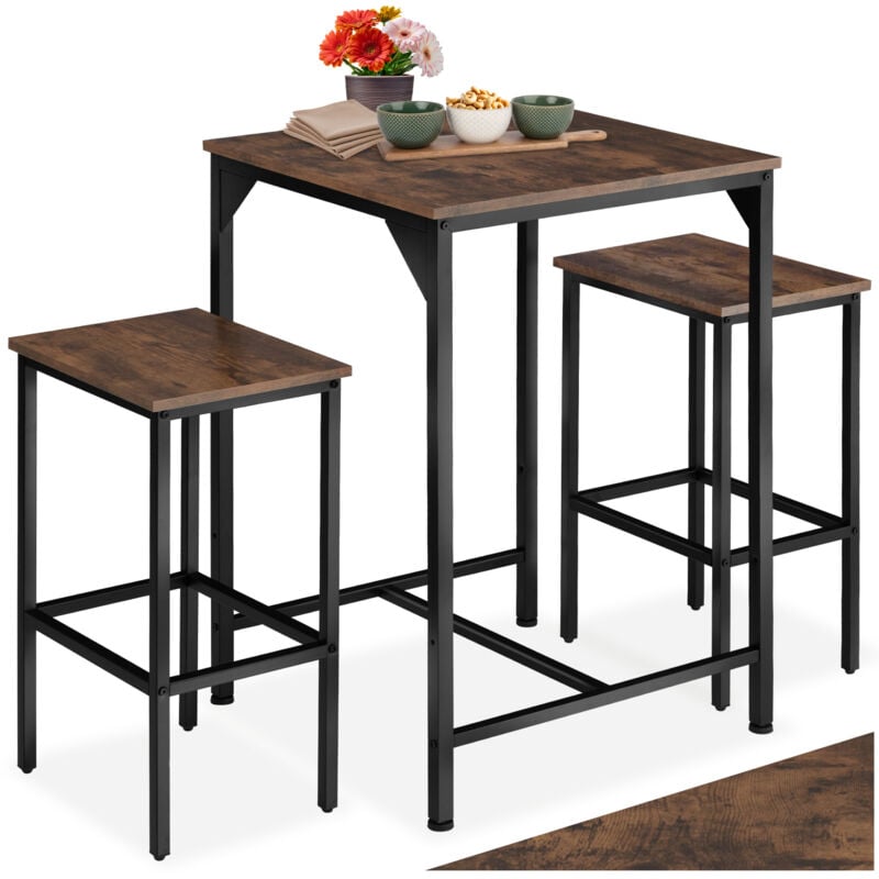 Tectake - Ensemble de bar En 3 parties en Boir et Acier Table avec 2 tabourets
