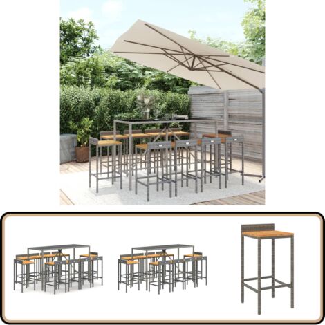 Ensemble de bar jardin 11pcs gris poly rotin/bois massif acacia - Ensemble Salon De Jardin - Mobilier De Jardin - Set De Bar Extérieur - Table Et Chaises De Jardin - Chaise De Bar