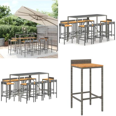 Ensemble de bar jardin 11pcs gris poly rotin/bois massif acacia - Ensemble Salon De Jardin - Mobilier De Jardin - Set De Bar Extérieur - Table Et Chaises De Jardin - Chaise De Bar - Home & Living