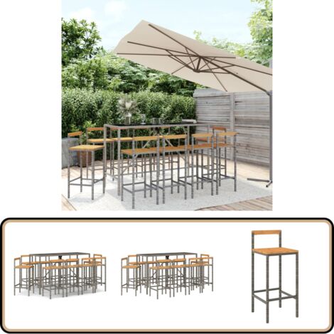 Ensemble de bar jardin 11pcs gris poly rotin/bois massif acacia - Salon De Jardin - Mobilier De Jardin - Set De Bar Extérieur - Table De Bar - Chaise De Bar