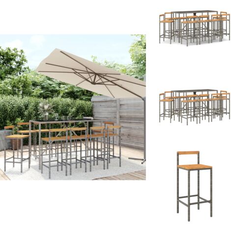 Ensemble de bar jardin 11pcs gris poly rotin/bois massif acacia - Salon De Jardin - Mobilier De Jardin - Set De Bar Extérieur - Table De Bar - Chaise De Bar