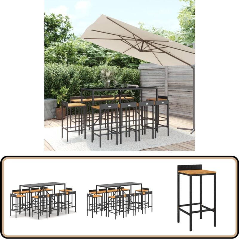 Ensemble de bar jardin 11pcs noir poly rotin/bois massif acacia - Ensemble Salon De Jardin - Mobilier De Jardin - Set De Bar Extérieur - Table Et