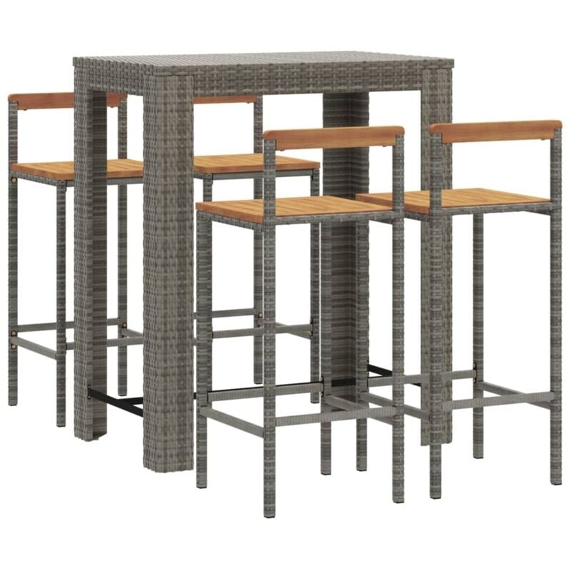 Ensemble de bar jardin 5 pcs gris poly rotin/bois massif acacia