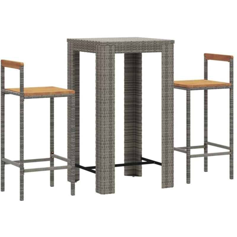 Ensemble de bar jardin 3 pcs gris poly rotin/bois massif acacia