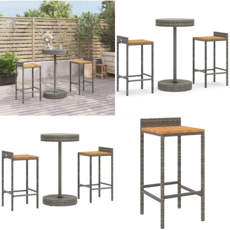 Ensemble de bar jardin 3 pcs gris poly rotin/bois massif acacia - Ensemble Salon De Jardin - Mobilier De Jardin - Set De Bar Extérieur - Table Basse
