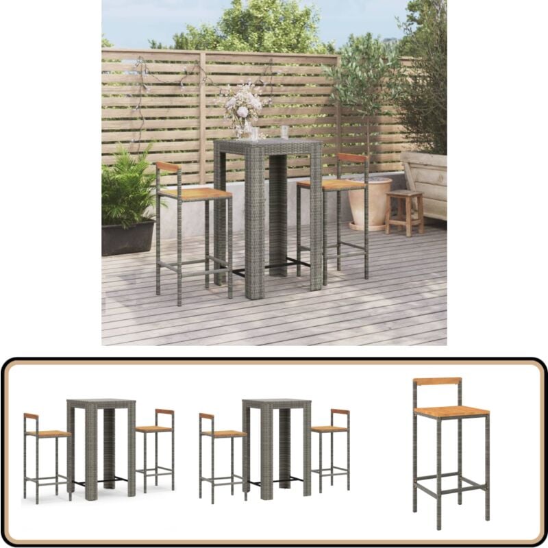 Ensemble de bar jardin 3 pcs gris poly rotin/bois massif acacia - Ensemble Salon De Jardin - Mobilier De Jardin - Set De Bar Extérieur - Table Et