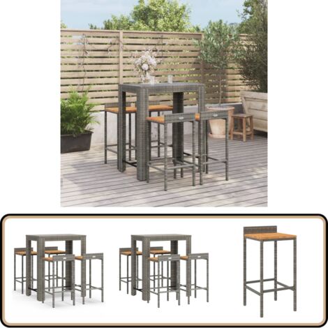 Ensemble de bar jardin 5 pcs gris poly rotin/bois massif acacia - Ensemble Salon De Jardin - Mobilier De Jardin - Set De Bar Extérieur - Table Et Chaises De Bar - Table Basse Jardin