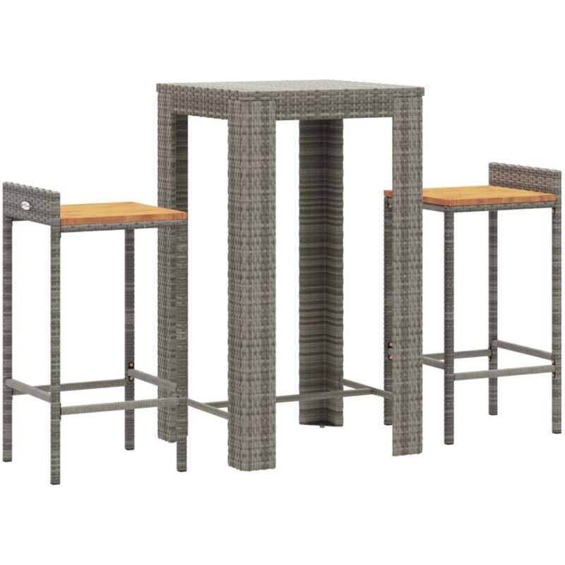 Ensemble de bar jardin 3 pcs gris poly rotin/bois massif acacia