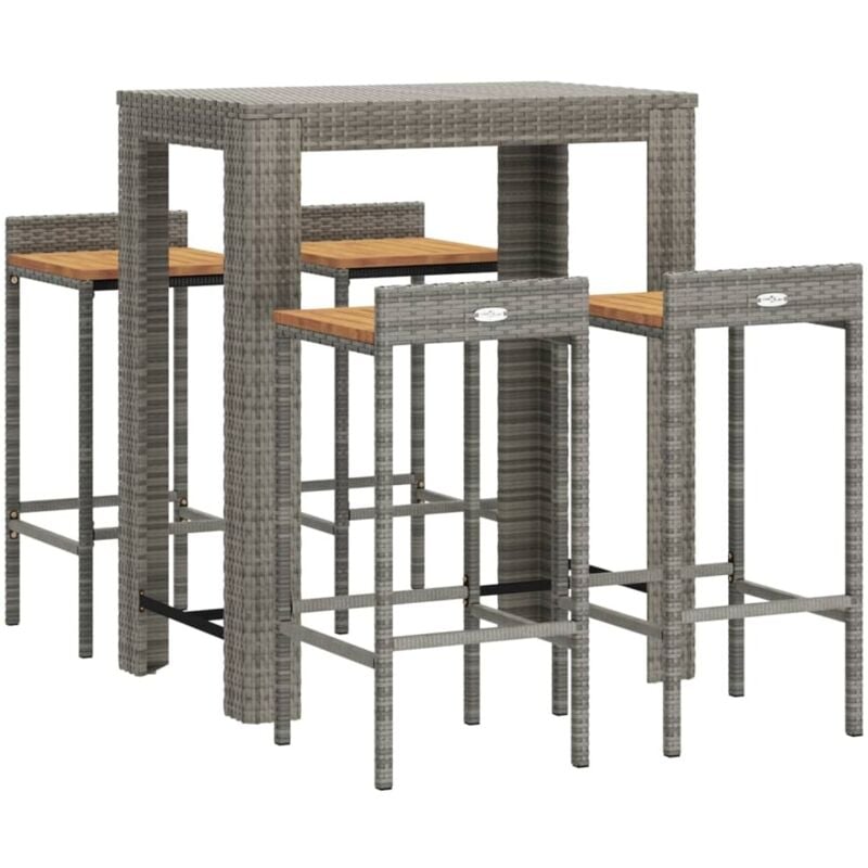 Ensemble de bar jardin 5 pcs gris poly rotin/bois massif acacia