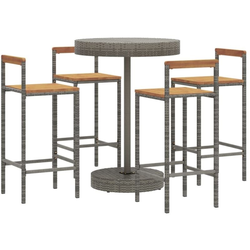Ensemble de bar jardin 5 pcs gris poly rotin/bois massif acacia