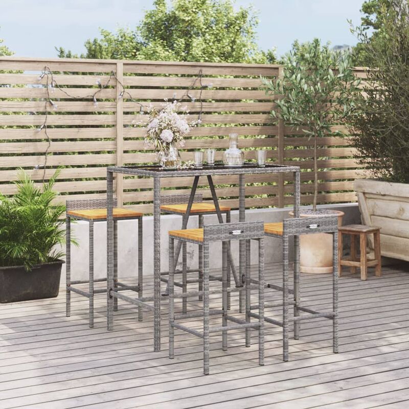 Ensemble de bar jardin 5 pcs gris poly rotin/bois massif acacia