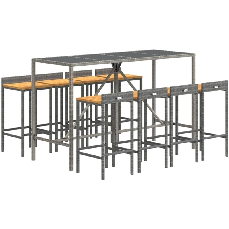Ensemble de bar jardin 9 pcs gris poly rotin/bois massif acacia