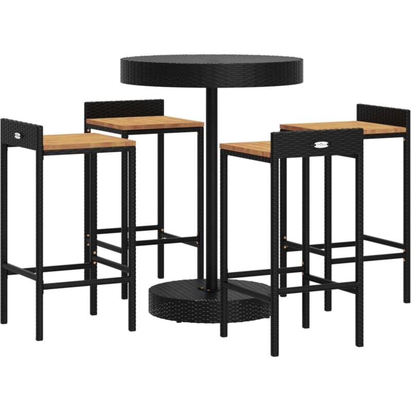 Ensemble de bar jardin 5 pcs noir poly rotin/bois massif acacia