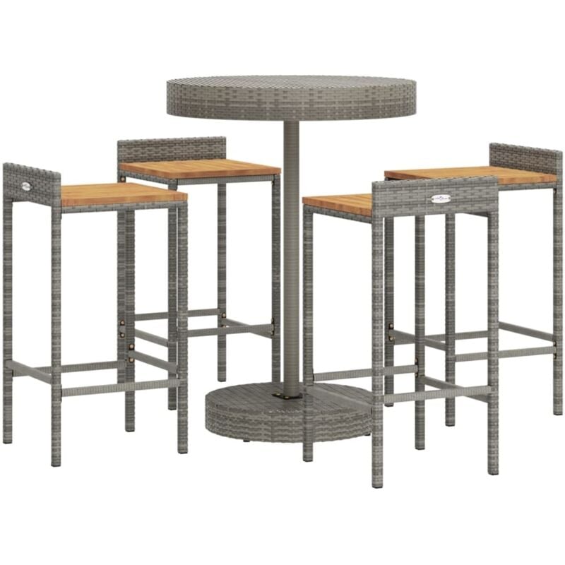 Ensemble de bar jardin 5 pcs gris poly rotin/bois massif acacia