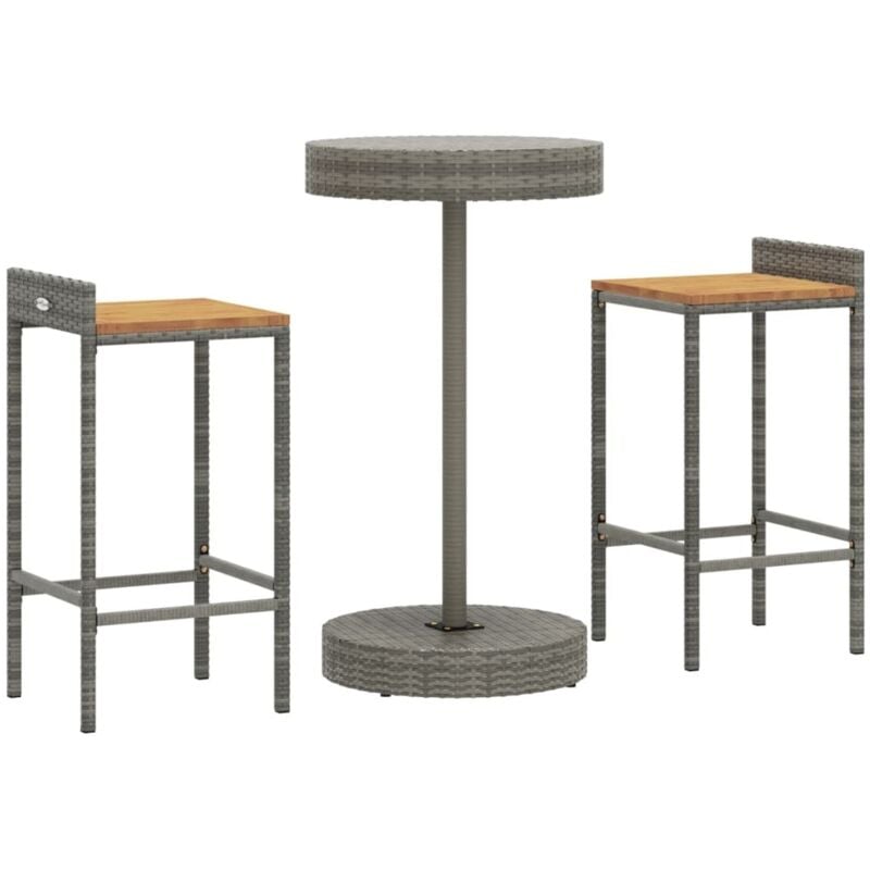 Ensemble de bar jardin 3 pcs gris poly rotin/bois massif acacia