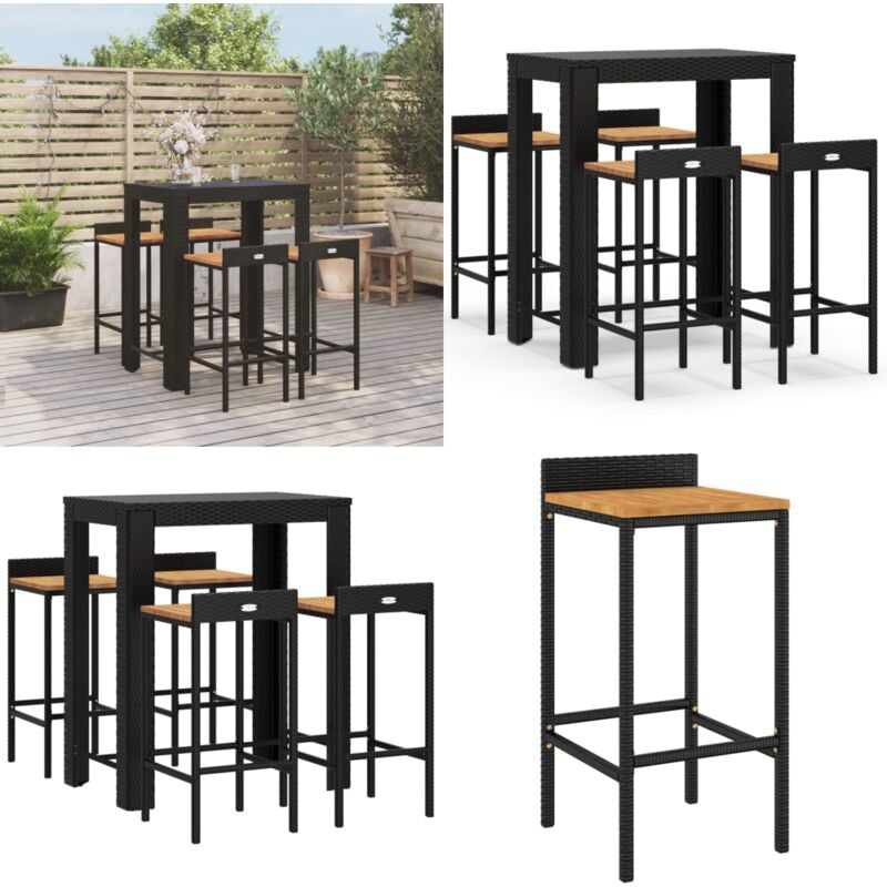 Ensemble de bar jardin 5 pcs noir poly rotin/bois massif acacia - Meubles De Jardin - Salon De Jardin - Mobilier Extérieur - Set De Bar - Table De