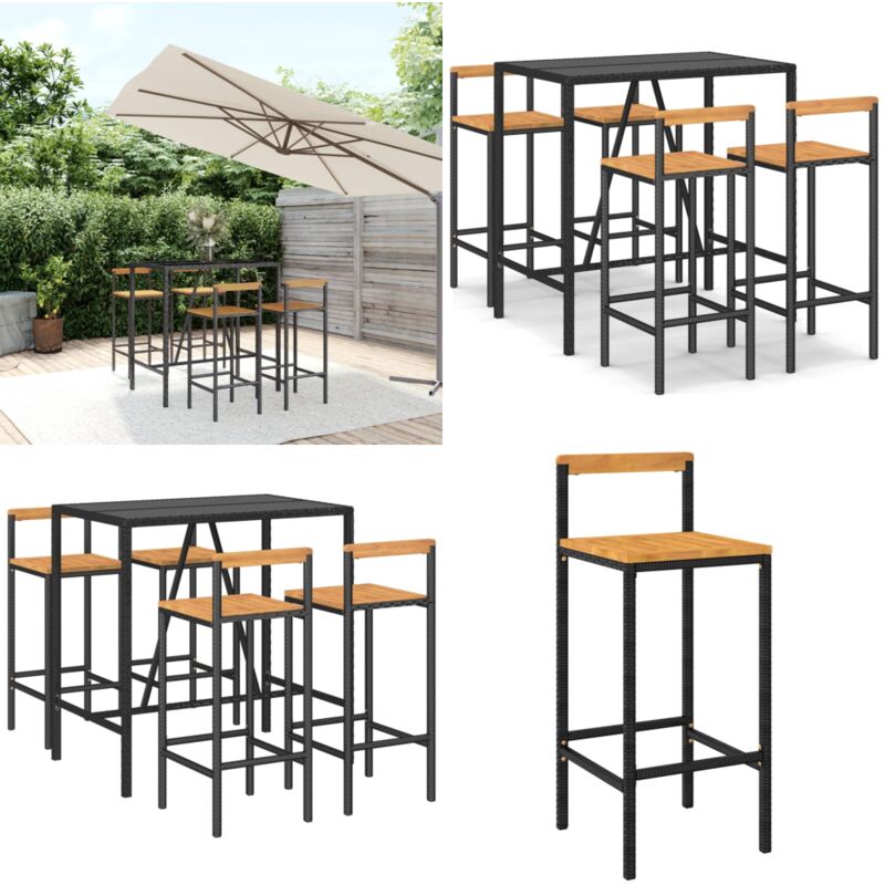 Ensemble de bar jardin 5 pcs noir poly rotin/bois massif acacia - Meubles De Jardin - Salon De Jardin - Set De Bar Extérieur - Mobilier De Jardin