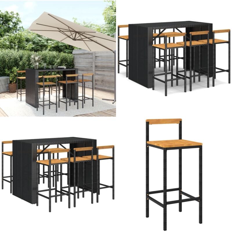 Ensemble de bar jardin 7 pcs noir poly rotin/bois massif acacia - Meubles De Jardin - Salon De Jardin - Set De Bar Extérieur - Mobilier De Jardin