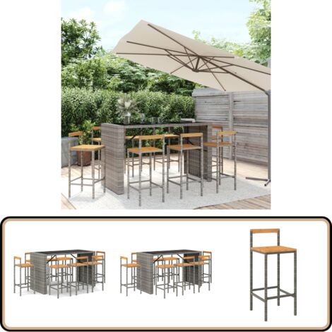 Ensemble de bar jardin 9 pcs gris poly rotin/bois massif acacia - Ensemble Salon De Jardin - Mobilier De Jardin - Set De Bar Extérieur - Table Et Chaises De Bar - Chaise De Bar