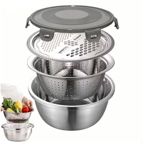 Ensemble de bassins multifonctions en acier inoxydable 3 en 1 - Panier de vidange - Bol mélangeur - Râpe de cuisine - Essoreuse à salade - Fruits - Légumes - Riz - Passoire de lavage pour la cuisine