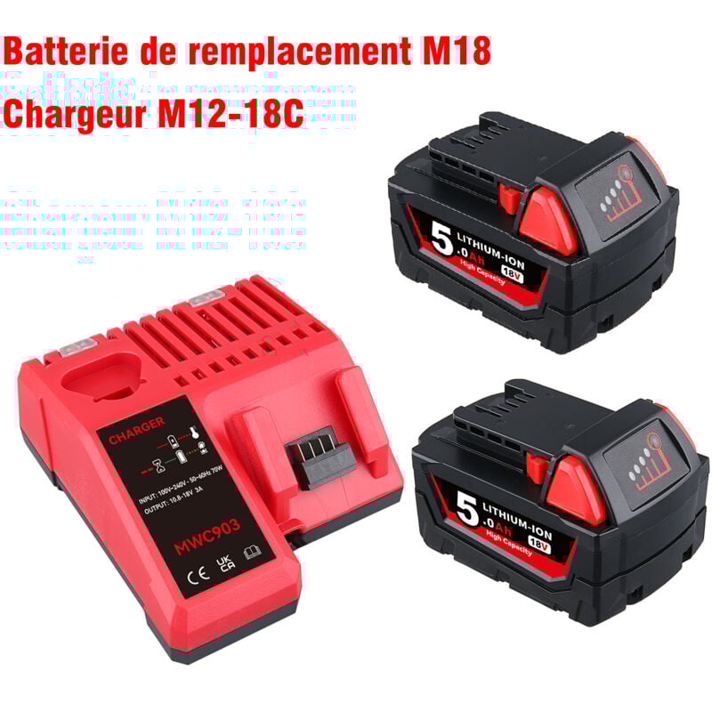 Pdstation - Ensemble de batterie et chargeur de rechange Milwaukee M18 2 x 5,0 Ah, compatible avec les outils électriques sans fil Milwaukee M18,