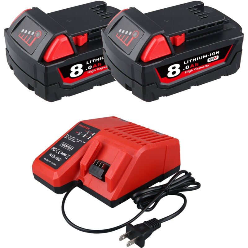 Pdstation - Ensemble de batteries et chargeur de rechange Milwaukee M18 2 x 8,0 Ah, compatible avec les outils électriques sans fil Milwaukee M18,