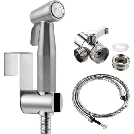 Ensemble de bidet à main avec pulvérisateur de robinet, tuyau de douche de 2 m et crochets, parfait pour laver les cheveux ou le lavabo (argenté)