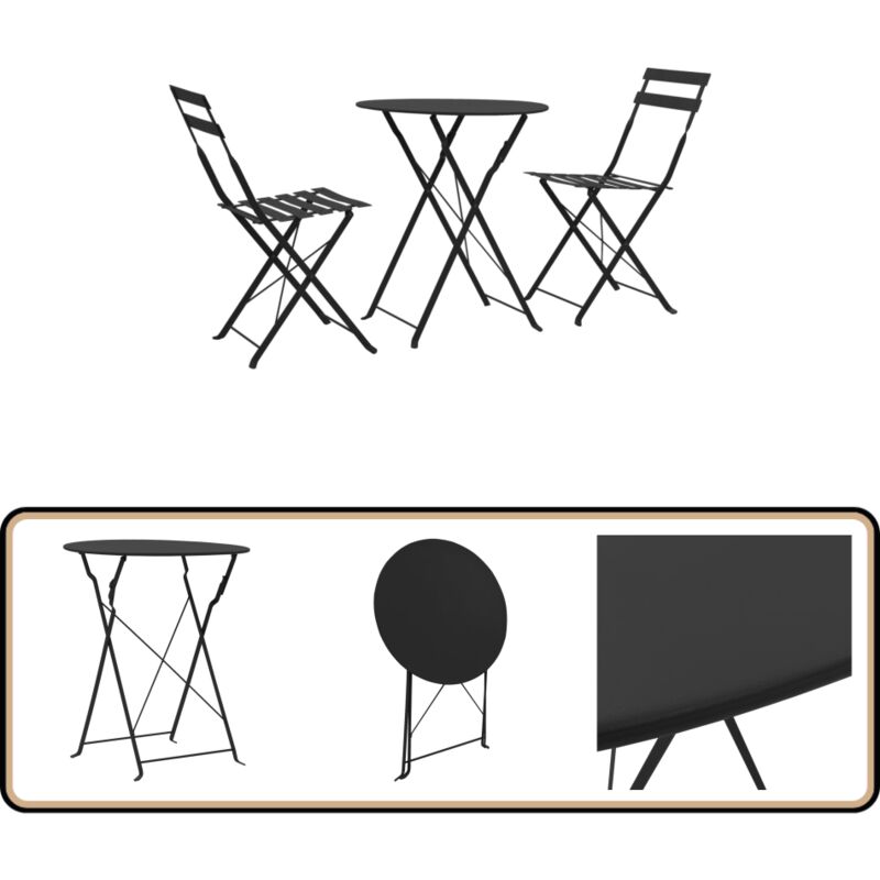 Ensemble de bistro 3 pcs Acier Noir - Ensemble De Bistro - Salon De Jardin - Mobilier De Jardin - Table Et Chaises - Acier Noir