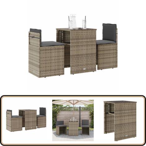Ensemble de bistro 3 pcs avec coussins gris résine tressée - Salon De Jardin - Ensemble De Bistro - Meuble De Jardin - Mobilier D'extérieur - Résine Tressée