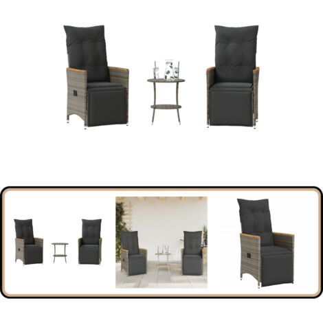 Ensemble de bistro 3 pcs avec coussins gris résine tressée - Salon De Jardin - Mobilier De Jardin - Set De Salon De Jardin - Chaises Pliantes - Table Basse