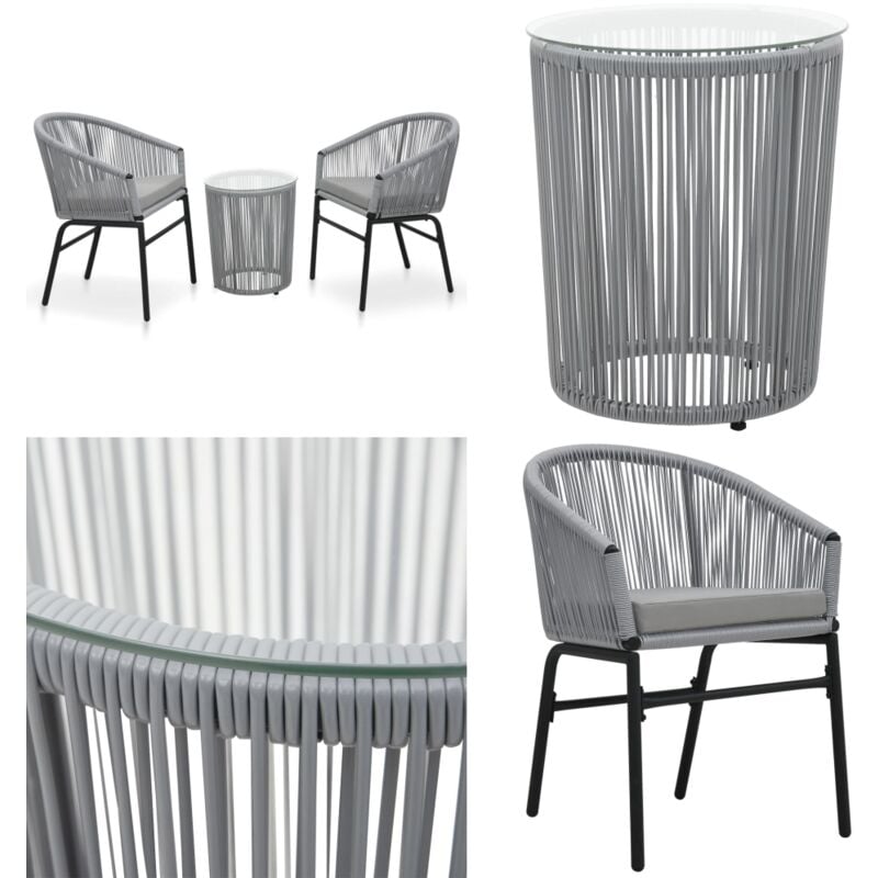 Ensemble de bistro 3 pcs avec coussins Rotin pe Gris - Salon De Jardin - Mobilier De Jardin - Set De Bistrot - Table Basse - Chaise Pliante - Home &