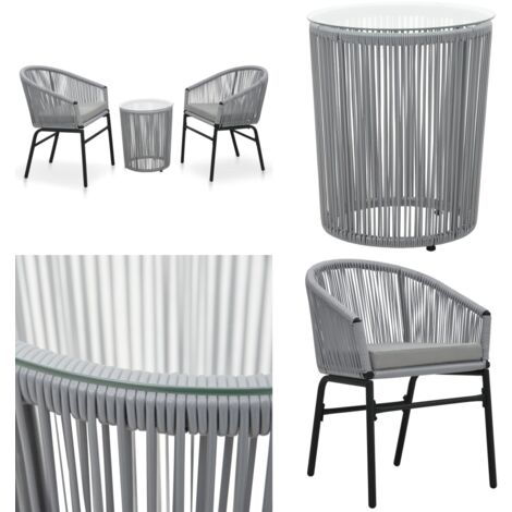 Ensemble de bistro 3 pcs avec coussins Rotin PE Gris - Salon De Jardin - Mobilier De Jardin - Set De Bistrot - Table Basse - Chaise Pliante - Home & Living