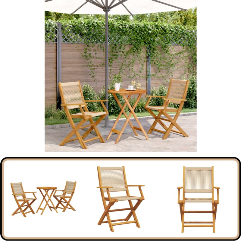 Ensemble de bistro 3 pcs beige polypropylène et bois massif - Meubles De Jardin - Salon De Jardin - Set De Bistro - Mobilier Extérieur - Acacia Massif