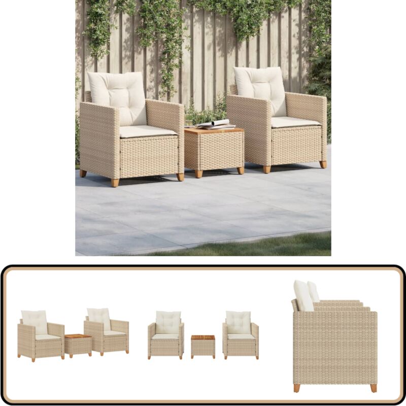 Ensemble de bistro 3 pcs coussins beige résine tressée acacia - Meubles De Jardin - Salon De Jardin - Set De Bistro - Résine Tressée - Rotin