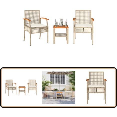 Ensemble de bistro 3 pcs coussins beige résine tressée acacia - Meubles De Jardin - Salon De Jardin - Set De Bistro - Table Basse - Chaises Pliantes