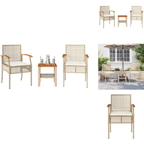 Ensemble de bistro 3 pcs coussins beige résine tressée acacia - Meubles De Jardin - Salon De Jardin - Set De Bistro - Table Basse - Chaises Pliantes