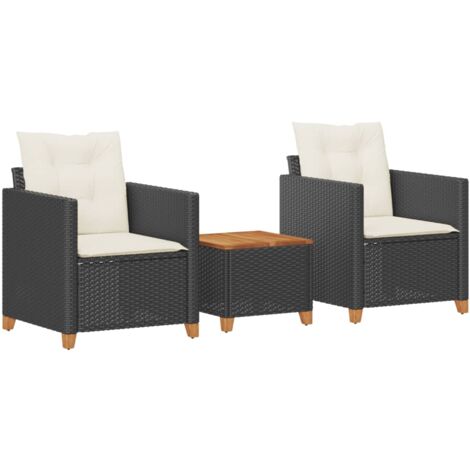 Ensemble de bistro 3 pcs et coussins noir résine tressée acacia