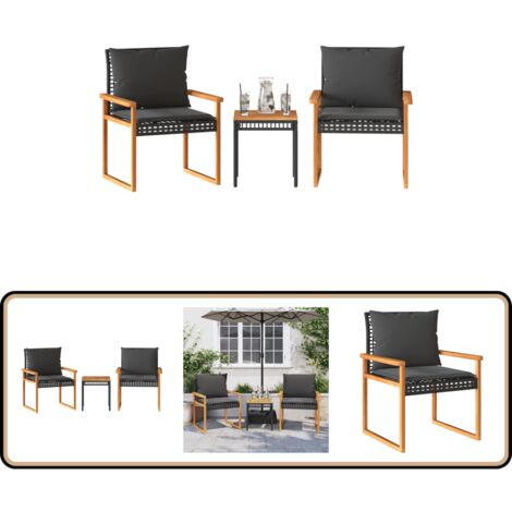 Ensemble de bistro 3 pcs et coussins noir résine tressée acacia - Meubles De Jardin - Salon De Jardin - Ensemble De Bistro - Résine Tressée - Rotin Synthétique