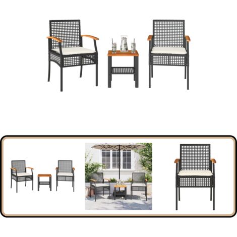 Ensemble de bistro 3 pcs et coussins noir résine tressée acacia - Meubles De Jardin - Salon De Jardin - Set De Bistro - Résine Tressée - Rotin Synthétique