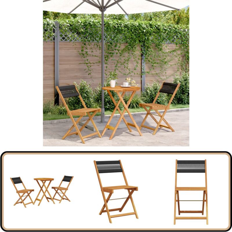 Ensemble de bistro 3 pcs noir polypropylène et bois massif - Ensemble De Bistro - Salon De Jardin - Mobilier De Jardin - Table Pliante - Chaise