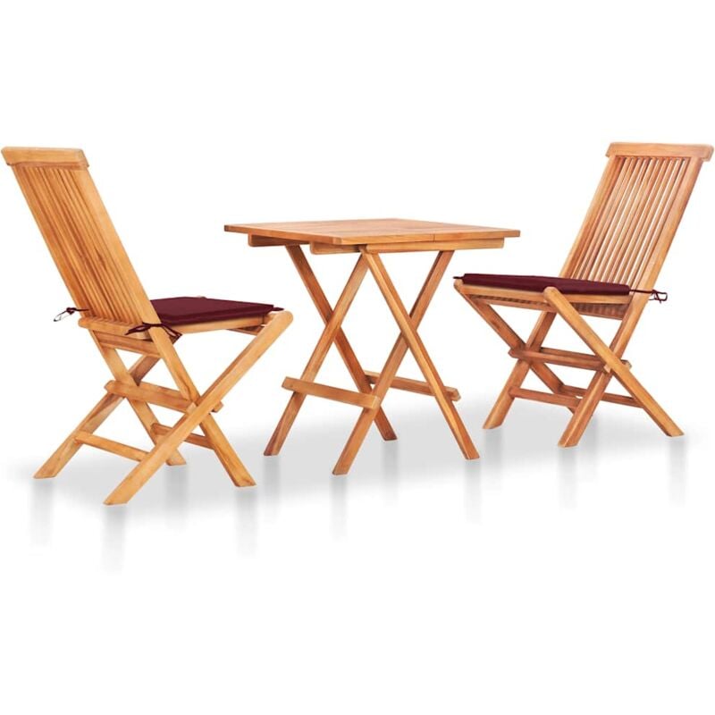 Ensemble de bistro 3 pcs avec coussins rouge bordeaux Teck vidaXL
