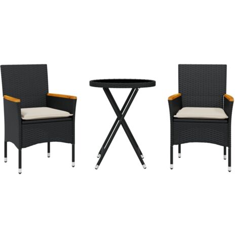 Ensemble de bistro avec coussins 3pcs noir résine tressée verre