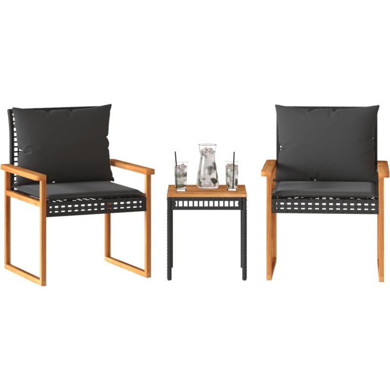 Ensemble de bistro 3 pcs et coussins noir résine tressée acacia - Vidaxl