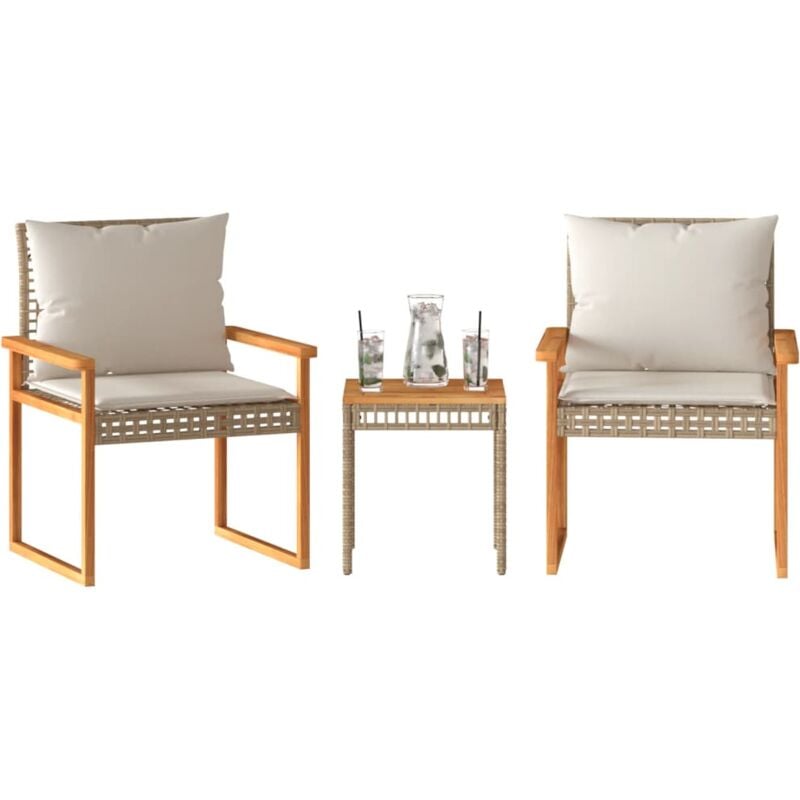 Ensemble de bistro et coussins 3 pcs mélange beige rotin acacia - Vidaxl