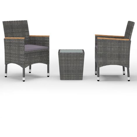 Ensemble de bistro jardin meuble extérieur terrasse 3 pièces résine tressée et verre trempé gris