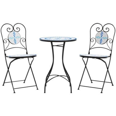 Ensemble de bistro mosaïque bleu et blanc fer et céramique