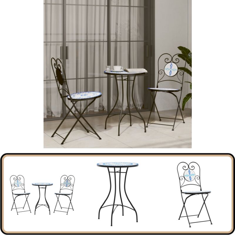 Ensemble de bistro mosaïque bleu et blanc fer et céramique - Ensemble De Bistro - Mobilier De Jardin - Salon De Jardin - Table Et Chaises - Mosaïque