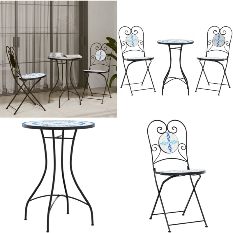 Ensemble de bistro mosaïque bleu et blanc fer et céramique - Ensemble De Bistro - Mobilier De Jardin - Salon De Jardin - Table Et Chaises - Mosaïque