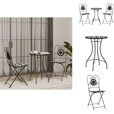 Ensemble de bistro mosaïque noir et blanc fer et céramique - Meubles De Jardin - Salon De Jardin - Set De Bistro - Mobilier De Terrasse - Décoration Extérieure