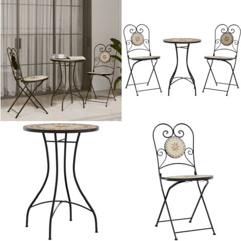 Ensemble de bistro mosaïque terre cuite blanc fer et céramique - Ensemble De Bistro - Mobilier De Jardin - Salon De Jardin - Table Et Chaises - Terrasse - Home & Living
